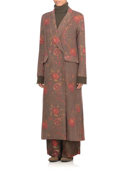 Uma Wang Double-breasted Floral Pattern Wool Coat In Brown