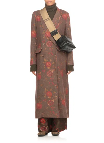 Uma Wang Double-breasted Floral Pattern Wool Coat In Brown