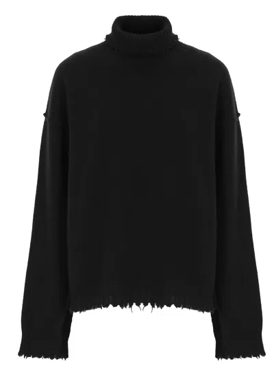 Uma Wang Knitwear Turtleneck Ribbed Distressed Hem Long Sleeves In Black