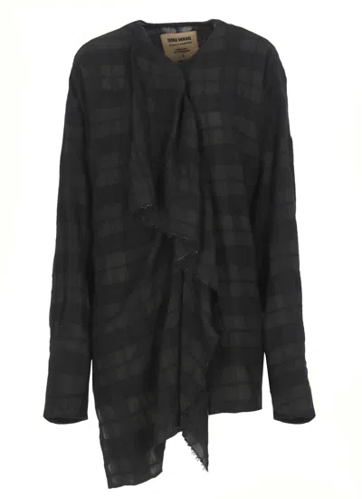 Uma Wang Draped Long Sleeve Checked Blouse In Black