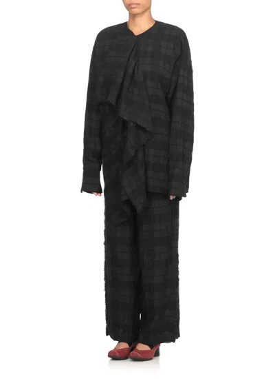 Uma Wang Draped Long Sleeve Checked Blouse In Black