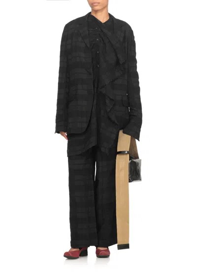 Uma Wang Draped Long Sleeve Checked Blouse In Black