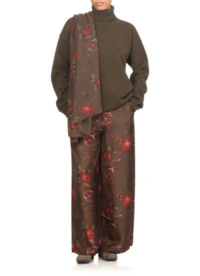 Uma Wang Wide-leg Pansy Pants With Contrasting Pomegranate Design In Brown