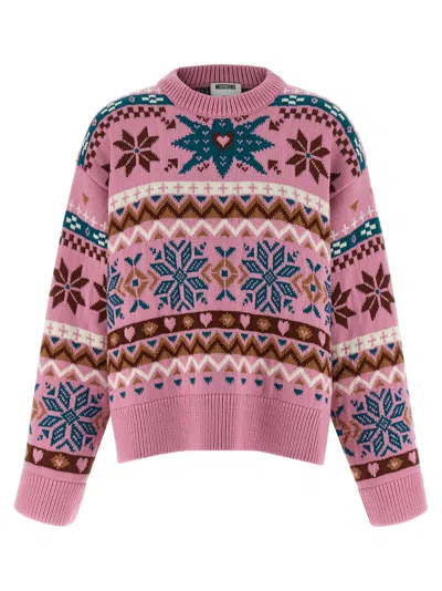 Moschino Wool Sweater With Intarsia Design And Crew Neck In Purple