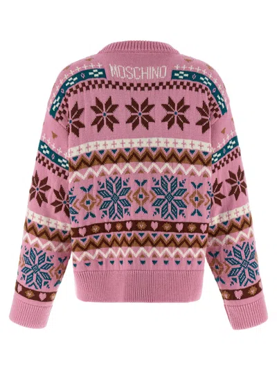 Moschino Wool Sweater With Intarsia Design And Crew Neck In Purple