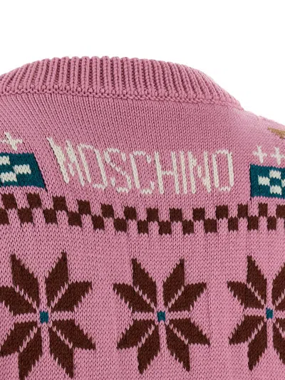 Moschino Wool Sweater With Intarsia Design And Crew Neck In Purple
