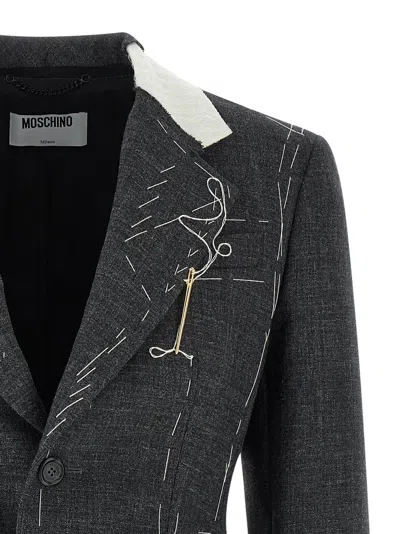 Moschino Embroidered Wool Canvas Jacket With Notch Lapel In Gray