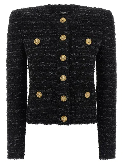 Balmain Buttoned Tweed Jacket In Black