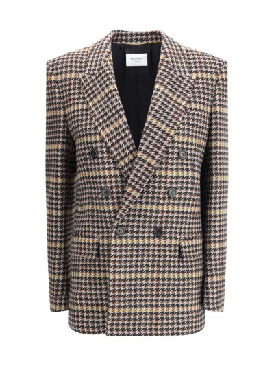 Saint Laurent Brown Double-breasted Jacket With Notched Revers And All-over Check Motif In Wool Woman