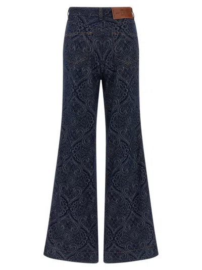 Etro Flared Jacquard Denim Jeans With Pegaso Buttons In Blue