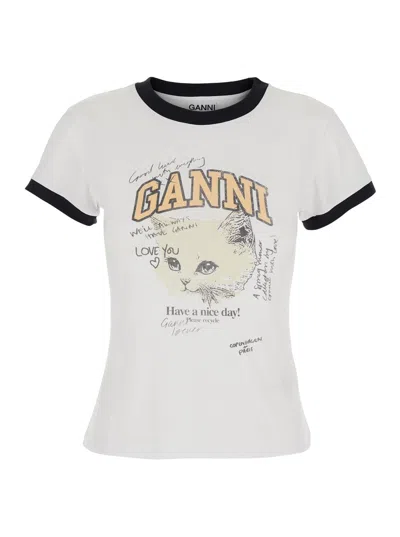 Ganni Women White Crewneck T-shirt With Maxi Logo On The Front In Cotton Jersey Woman In White