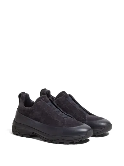 Zegna Navy Blue Leather And Suede Triple Stitch Monte Sneakers