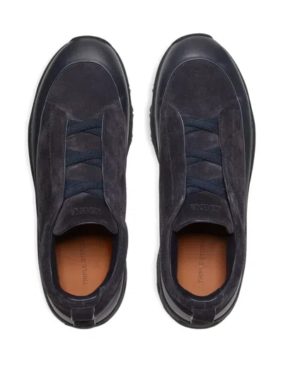 Zegna Navy Blue Leather And Suede Triple Stitch Monte Sneakers