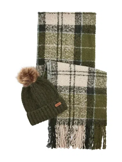 Barbour Check-print Scarf And Beanie Set In Green