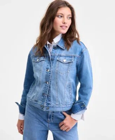 On 34th Trendy Plus Denim Trucker Jacket, Macy's Exclusive In Blue