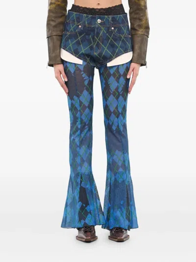 Andersson Bell Argyle-patterned Denim Shorts Mesh Trousers In Blue
