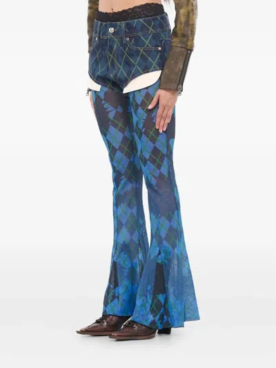 Andersson Bell Argyle-patterned Denim Shorts Mesh Trousers In Blue