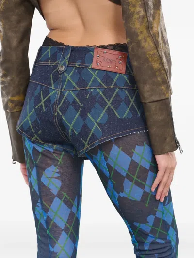 Andersson Bell Argyle-patterned Denim Shorts Mesh Trousers In Blue
