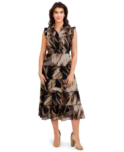 London Times Women's Chiffon Printed Tier Dress In Brown