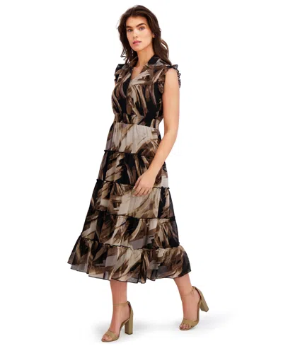 London Times Women's Chiffon Printed Tier Dress In Brown