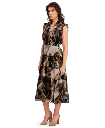 London Times Women's Chiffon Printed Tier Dress In Brown