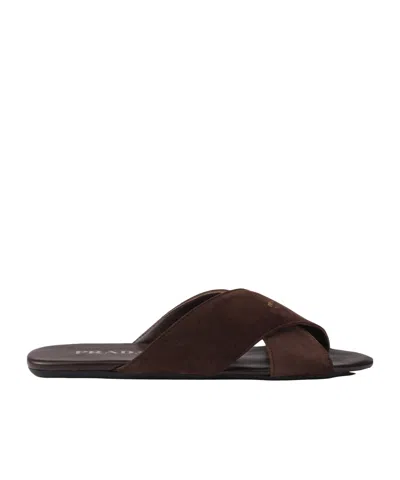 Prada Suede Open Toe Flat Sole Slides In Brown