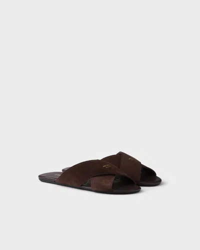 Prada Suede Open Toe Flat Sole Slides In Brown