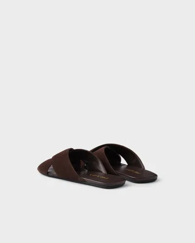 Prada Suede Open Toe Flat Sole Slides In Brown