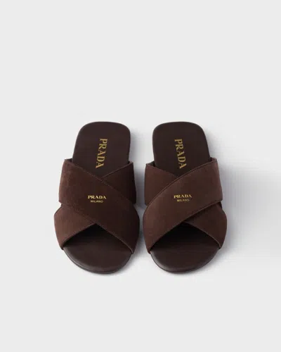 Prada Suede Open Toe Flat Sole Slides In Brown