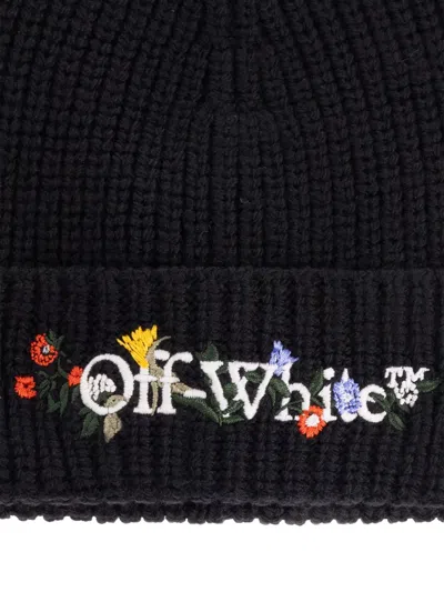 Off-white Floral Beanie With Ribbed Turn-up Brim In Black