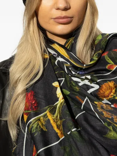 Off-white Floral Beanie With Ribbed Turn-up Brim In Black