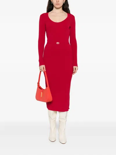 Twinset Ribbed-knit Belted Dress In Red