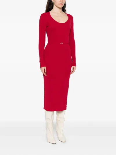 Twinset Ribbed-knit Belted Dress In Red