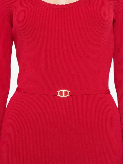 Twinset Ribbed-knit Belted Dress In Red