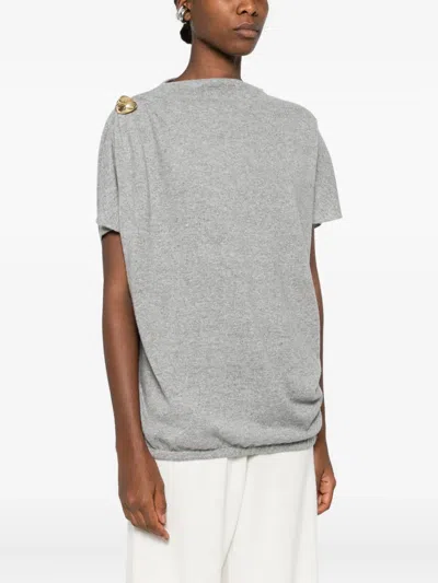 Fabiana Filippi Asymmetric Crewneck Knitwear Gold Embellishment In Gray