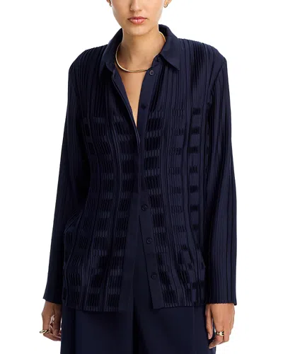 Lafayette 148 Basketweave Pleated Button-front Shirt In Blue
