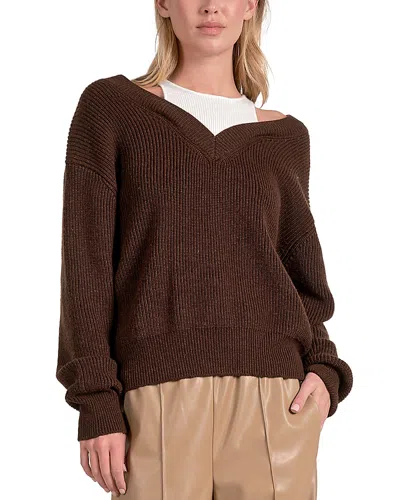 Elan Deep V Neck Sweater In Brown