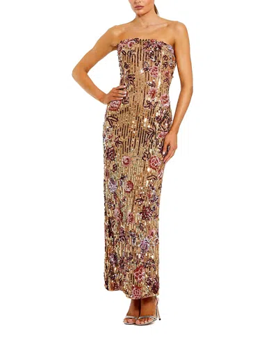 Mac Duggal Floral Sequin Mesh Strapless Column Ankle Dress In Brown