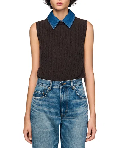 Sandro Womens Brown Denim-collar Ribbed Sleeveless Wool-blend Jumper