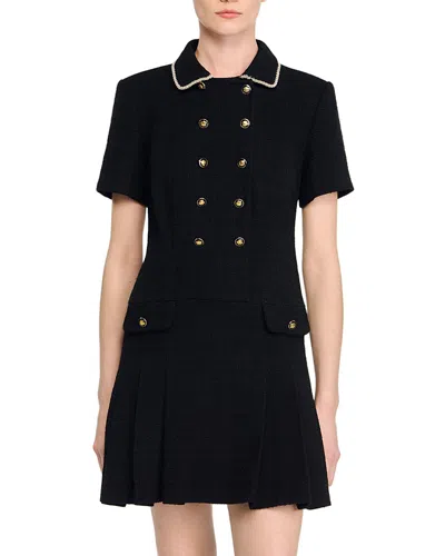 Sandro Short Buttoned Tweed Dress In Black