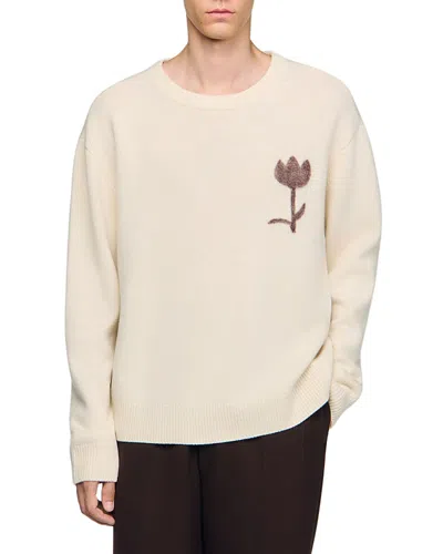 Sandro Mens Butter Cream Flower-motif Knitted Wool Jumper In Neutral