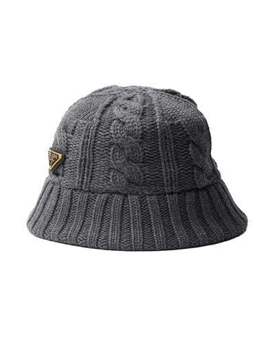 Prada Cable-knit Logo Bucket Hat In Gray