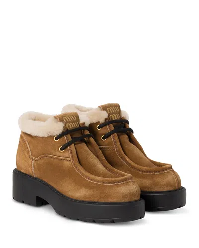 Miu Miu Suede Shearling Lace-up Chukka Booties In Brown