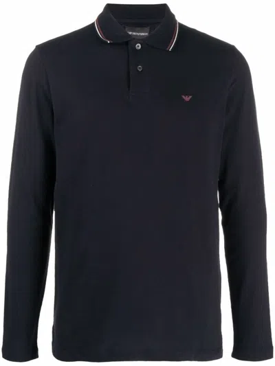 Emporio Armani Blue Long Sleeve Polo Shirt With Logo Embroidery In Stretch Cotton In Blue