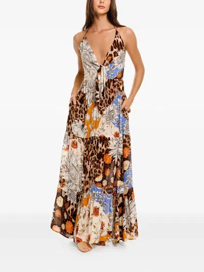 Agua Bendita Gabrielle Quilt Tue Front Halter Cover-up Maxi Dress. In Brown