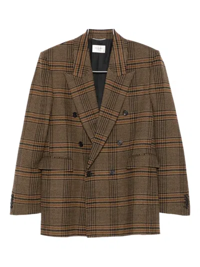 Saint Laurent Double-breasted Checked Blazer In Brown