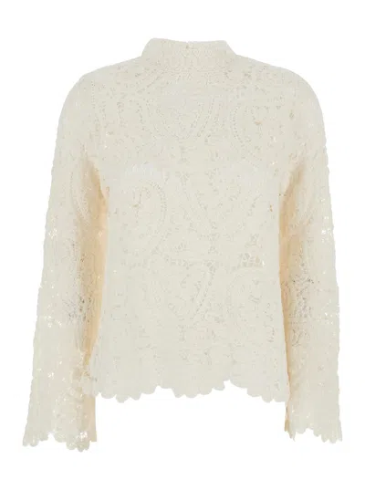 Loulou Studio White Sweater With Mock Neck And All-over Embroidery In Silk Woman In White
