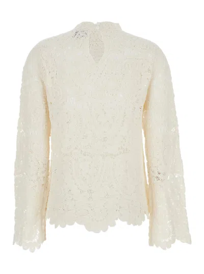 Loulou Studio White Sweater With Mock Neck And All-over Embroidery In Silk Woman In White