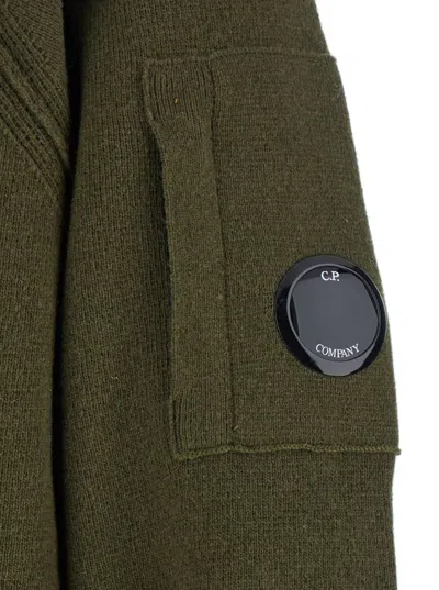 C.p. Company Men Green Turtleneck Sweater With Logo Plaque On The Sleeve In Wool Man In Multi