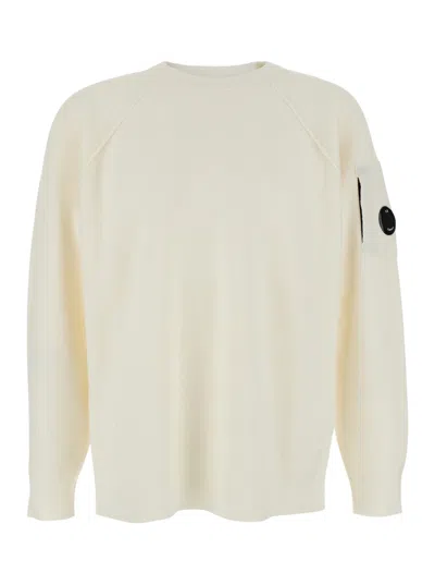 C.p. Company Men White Crewneck Sweater With Logo Plaque On The Sleeve In Wool Blend Man In White